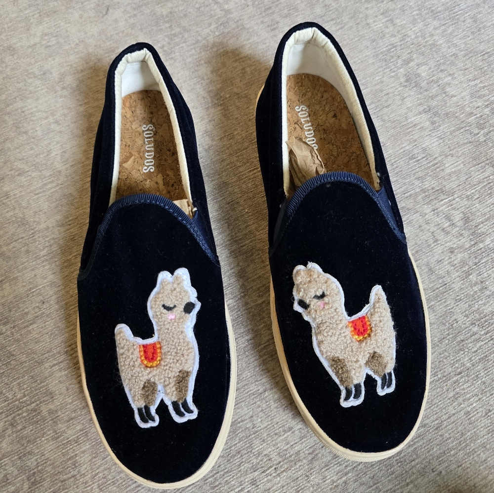 🦙Soludos Dark Blue Navy Velvet Llama Espadrilles Slip On Flats Sneakers Loafers